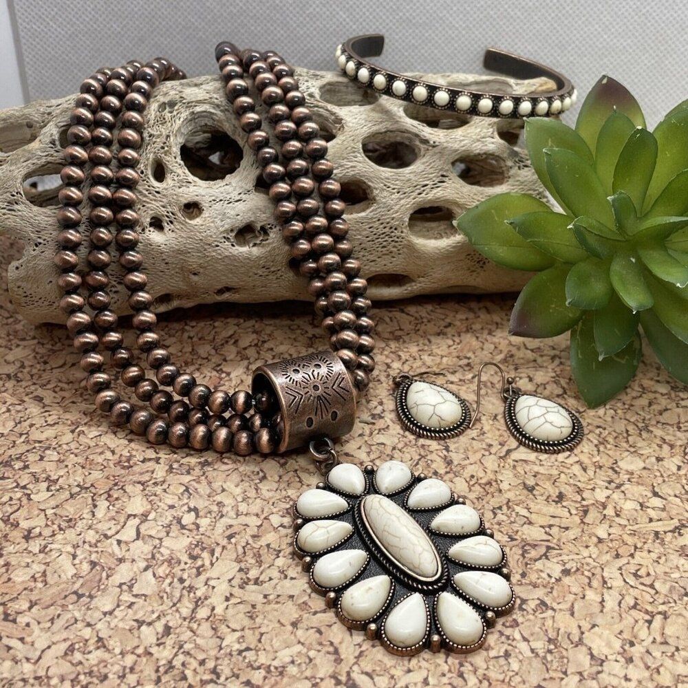 Western SQUASH BLOSSOM COPPER BUFFALO NECKLACE EARRING SOUTHWEST Set Bracelet Ne